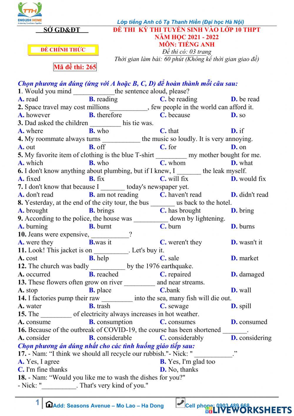 Grade 9 Test - Thi vào 10