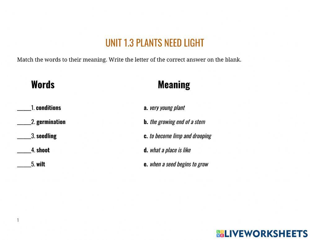 Word bank unit 1 plants are living things - unit 1.3 plants need light