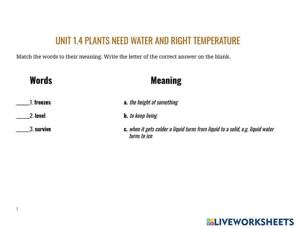 Word bank unit 1 plants are living things - unit 1.4plants need water and right temperature