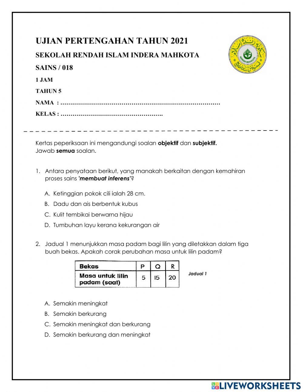 Ujian Pertengahan Tahun Sains Tahun 5