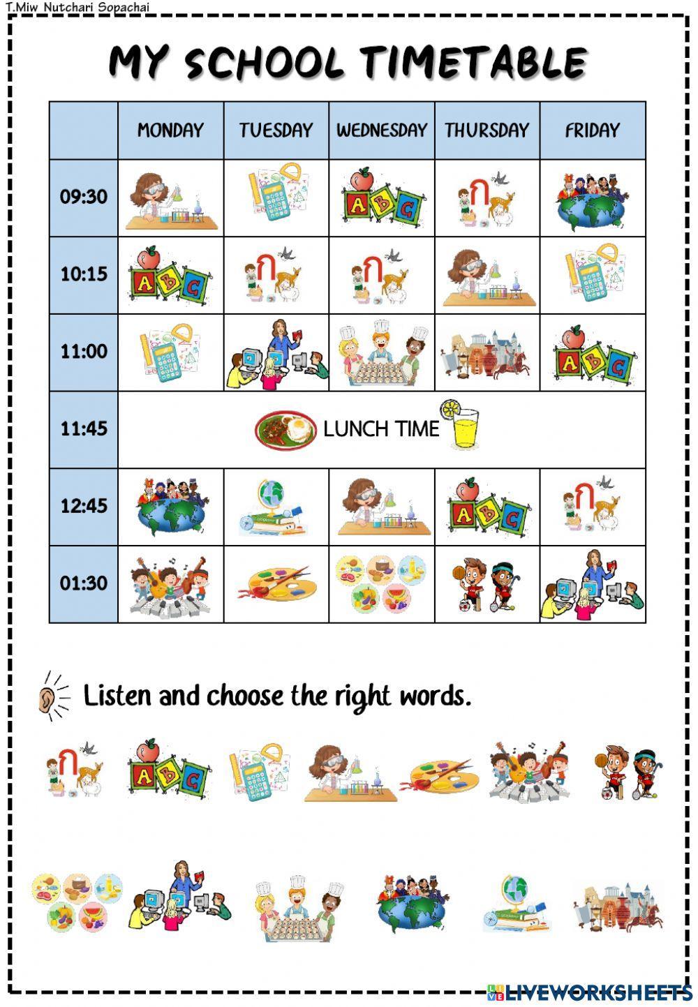 My school timetable (school subject + time)