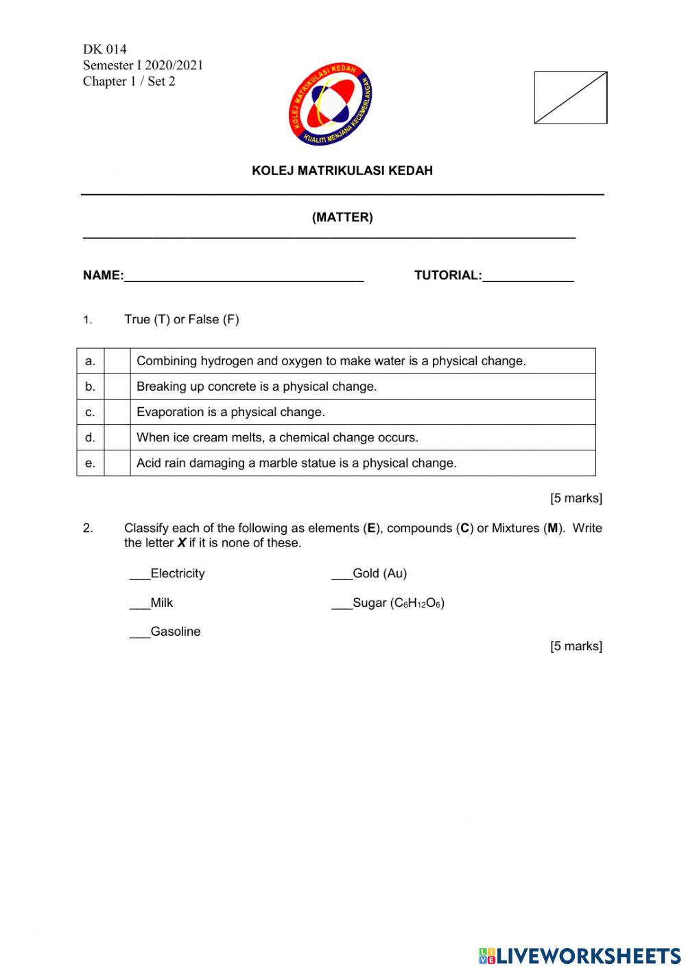 Chapter 1: Matter online exercise for Live Worksheets