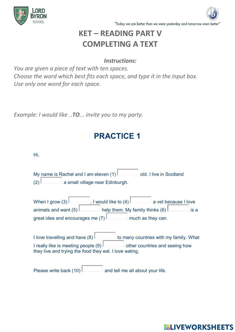KET practice reading and writing part V activity Live Worksheets