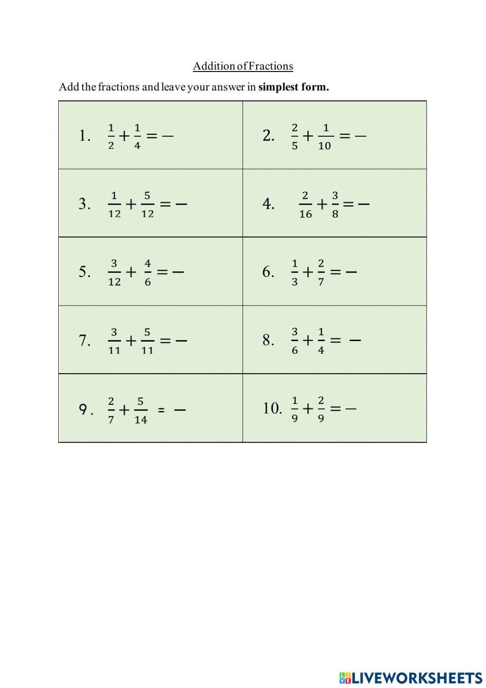 Addition of Fractions