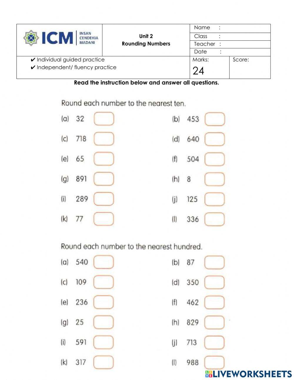 Unit 2 Rounding Numbers worksheet | Live Worksheets