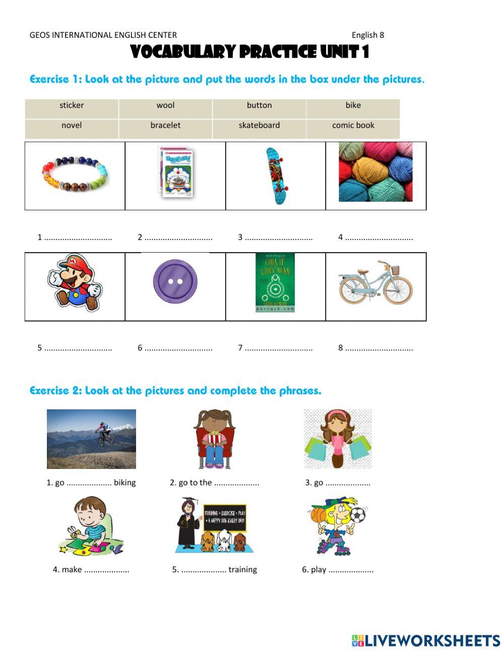 Vocabulary handout U1-grade 8