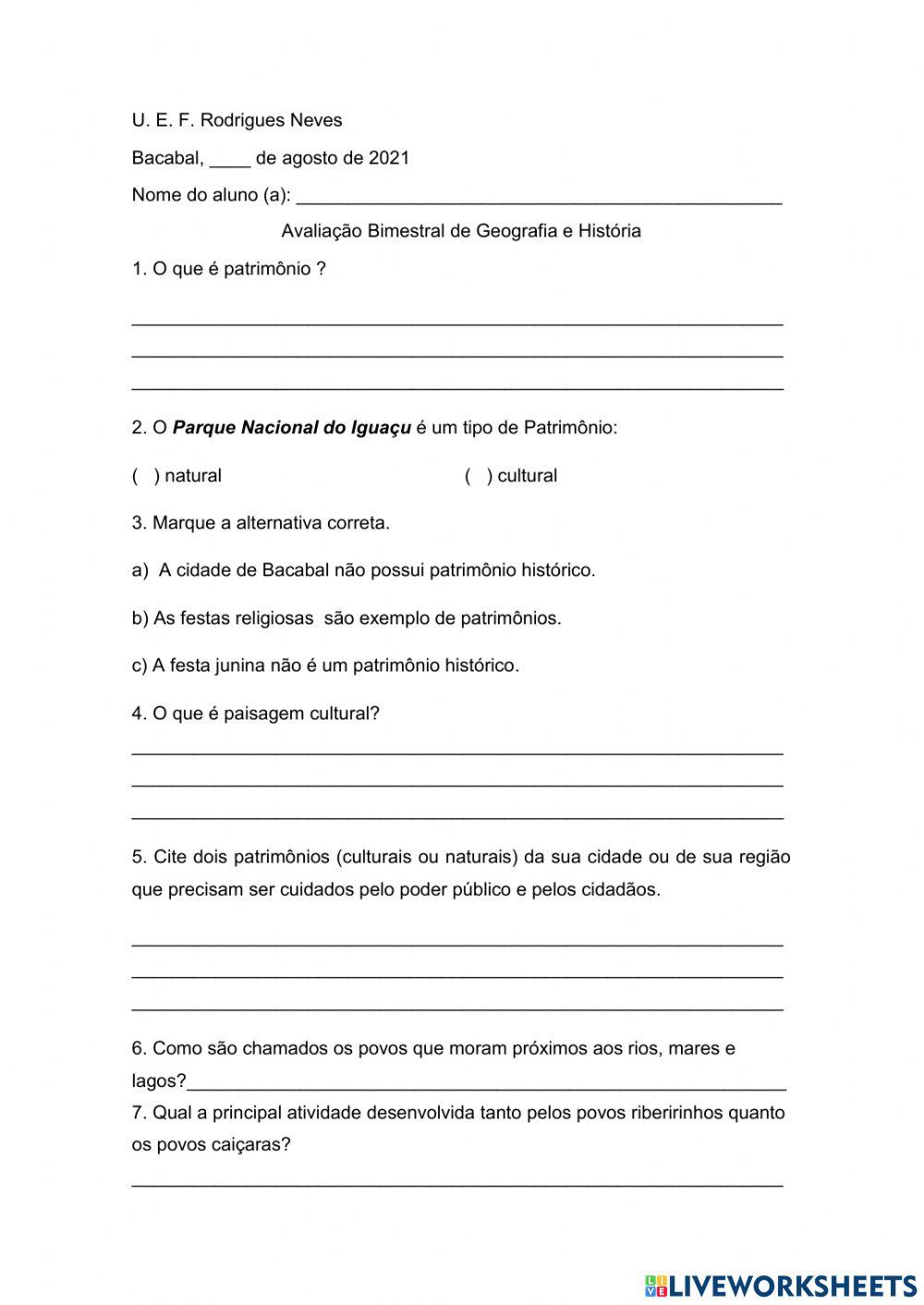 AVALIAÇÃO DE Geografia e História