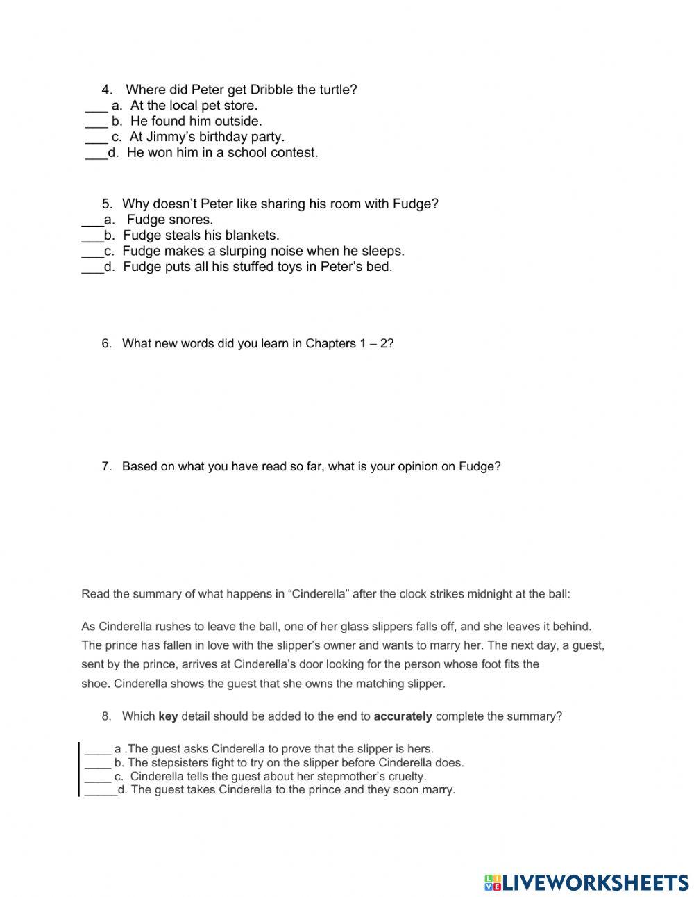 Tales of a Fourth Grade Nothing Chapters 1-2 Quiz