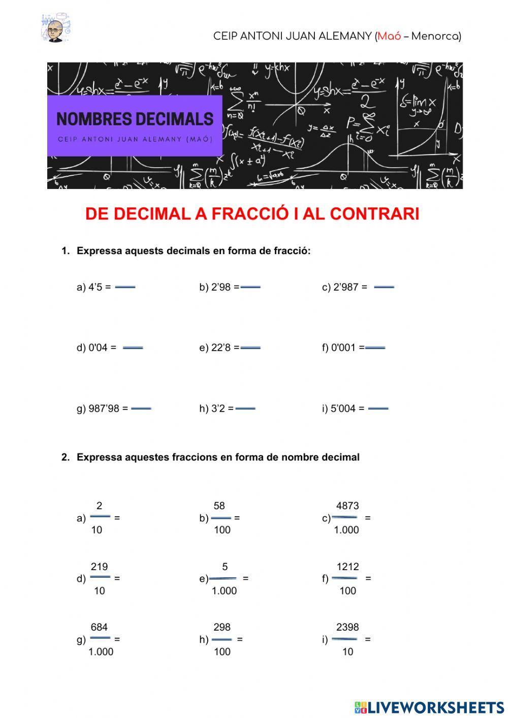 Passar de fracció a decimal i al contrari