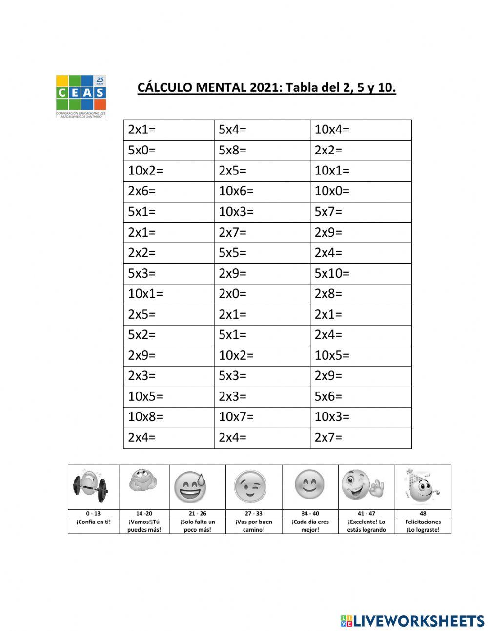Cálculo mental: Tabla del 2, 5 y 10