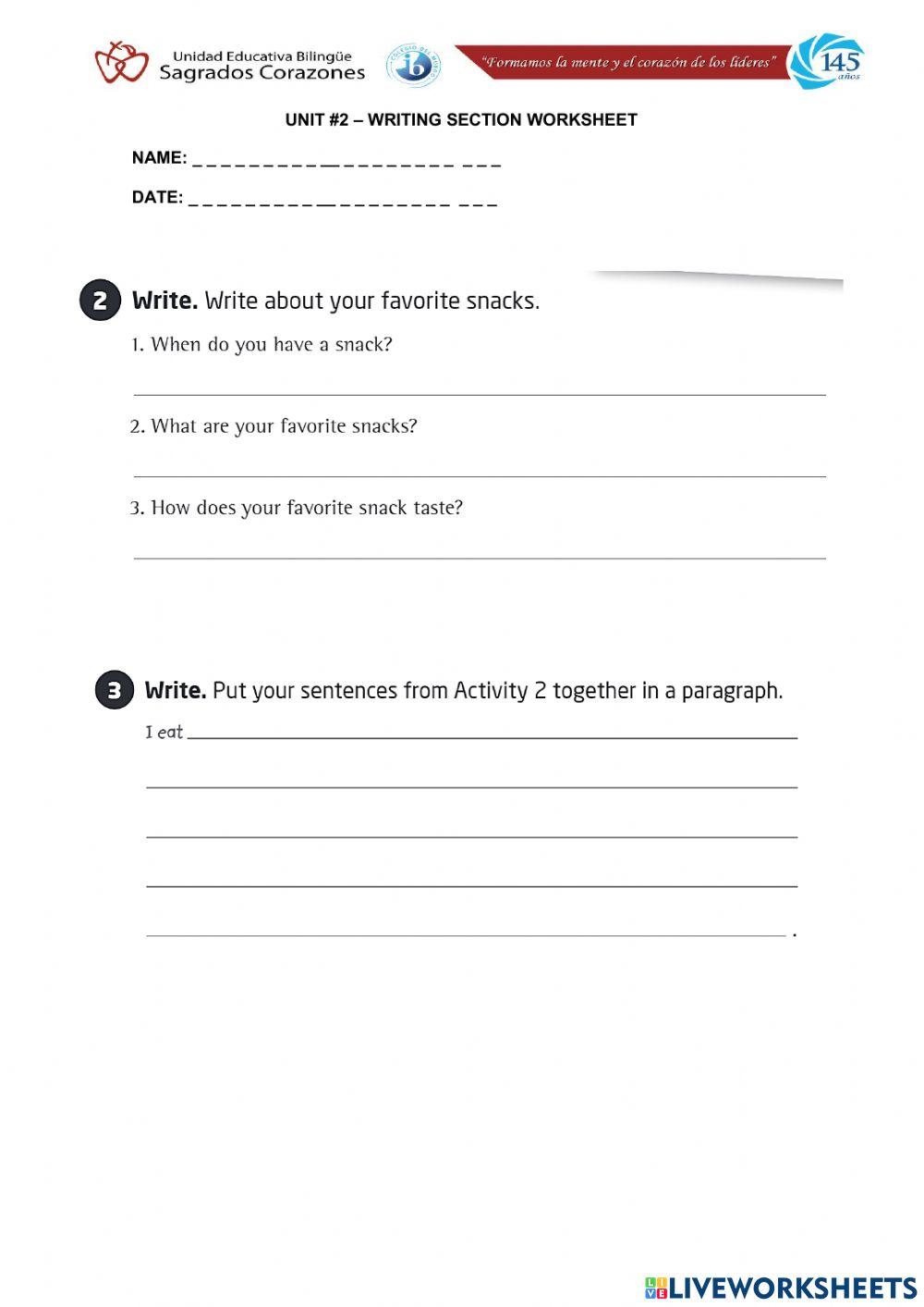 Snacks Writing Section worksheet | Live Worksheets