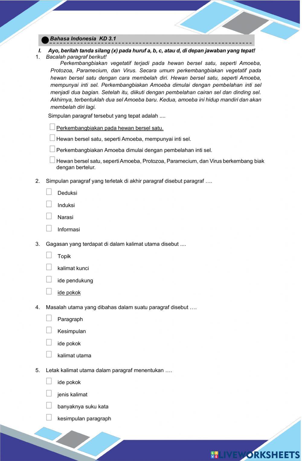 Ulangan Harian Tema 1 Sub Tema 2 Bahasa Indonesia