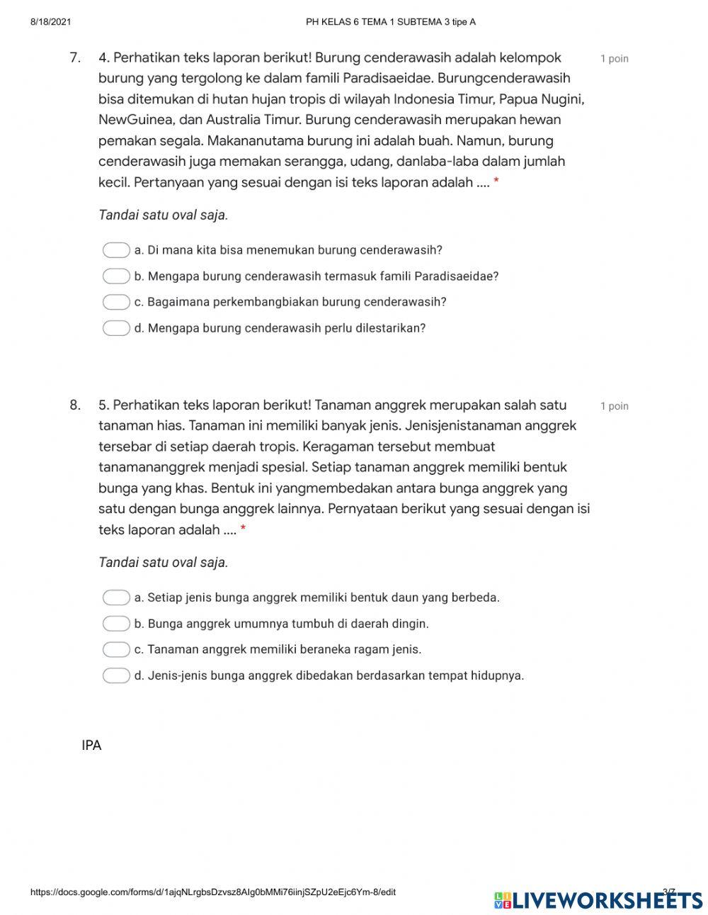 Penilaian harian Tema 1 subtema 3