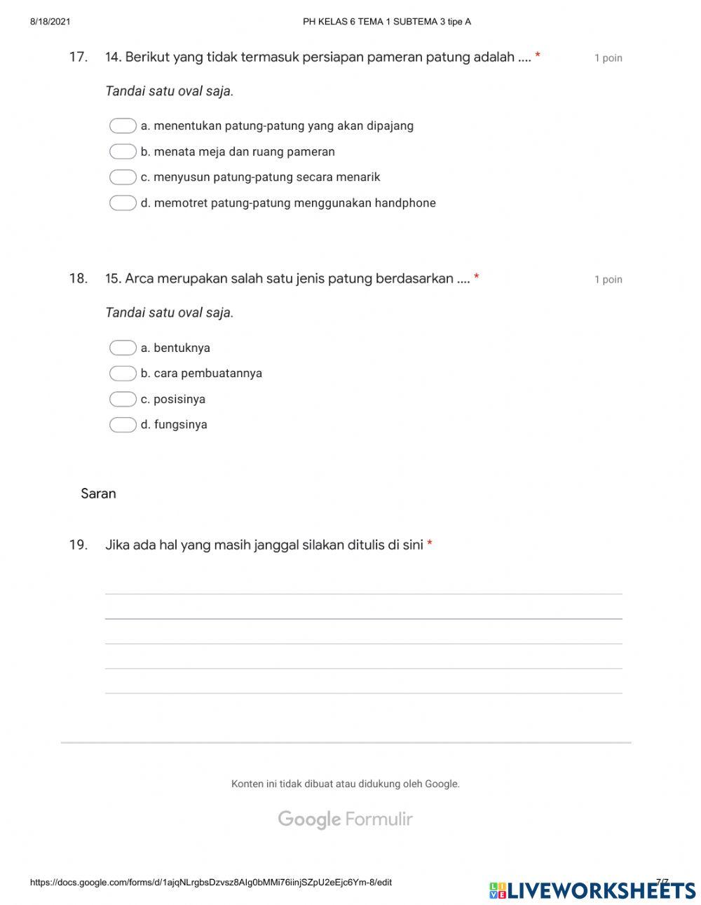 Penilaian harian Tema 1 subtema 3