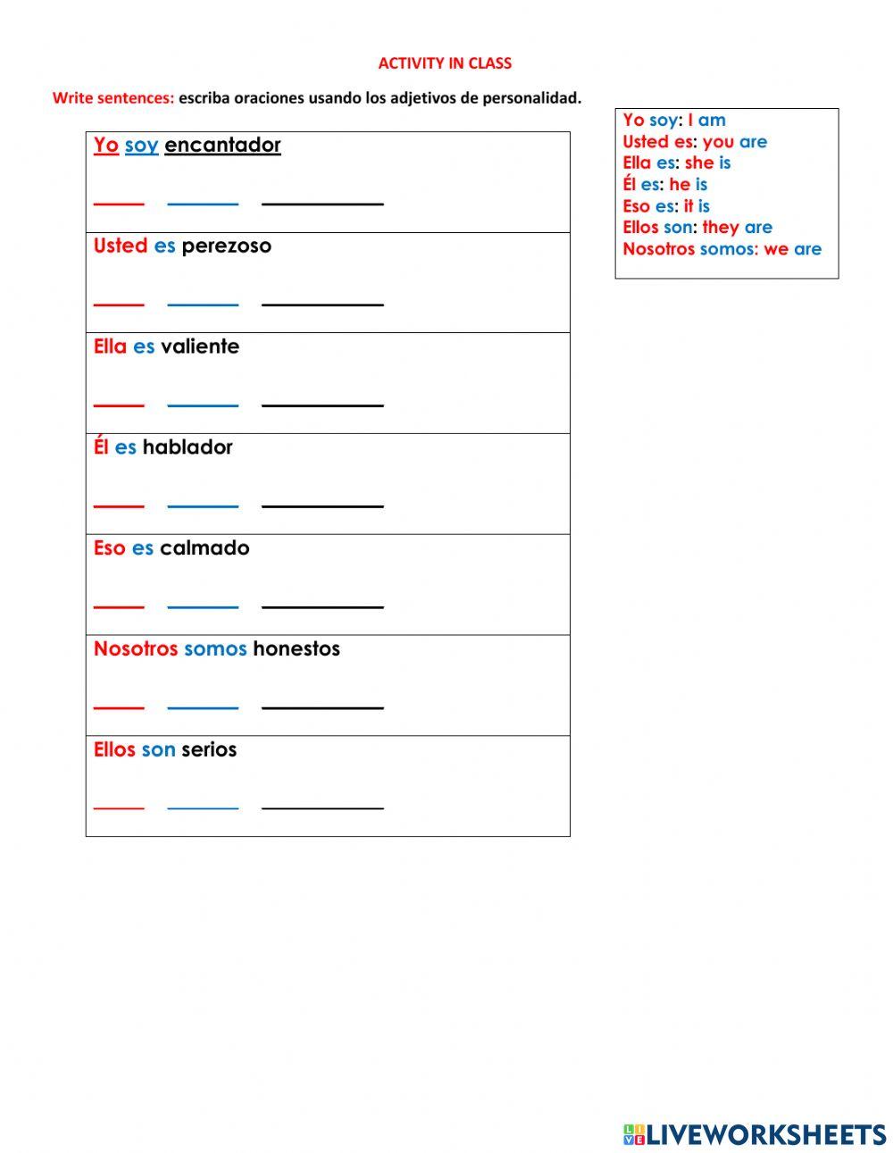 Sentences using personality adjectives worksheet | Live Worksheets