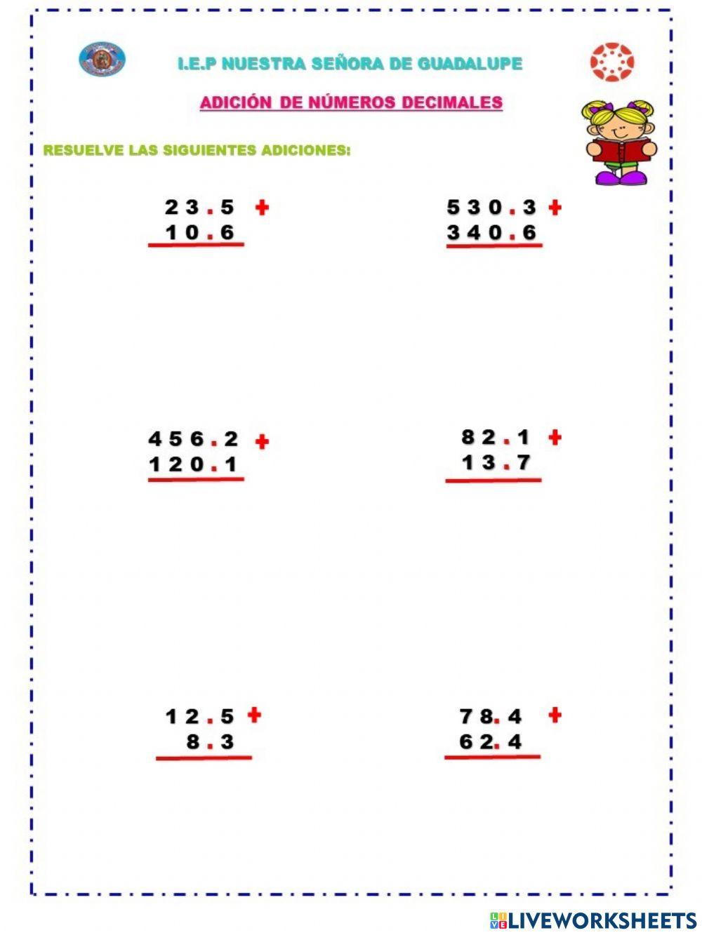 Adición de numeros decimales Adición de numeros decimales