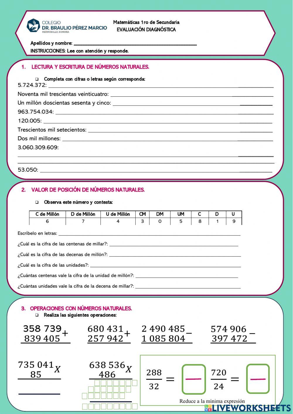 Examen diagnóstico de matemáticas