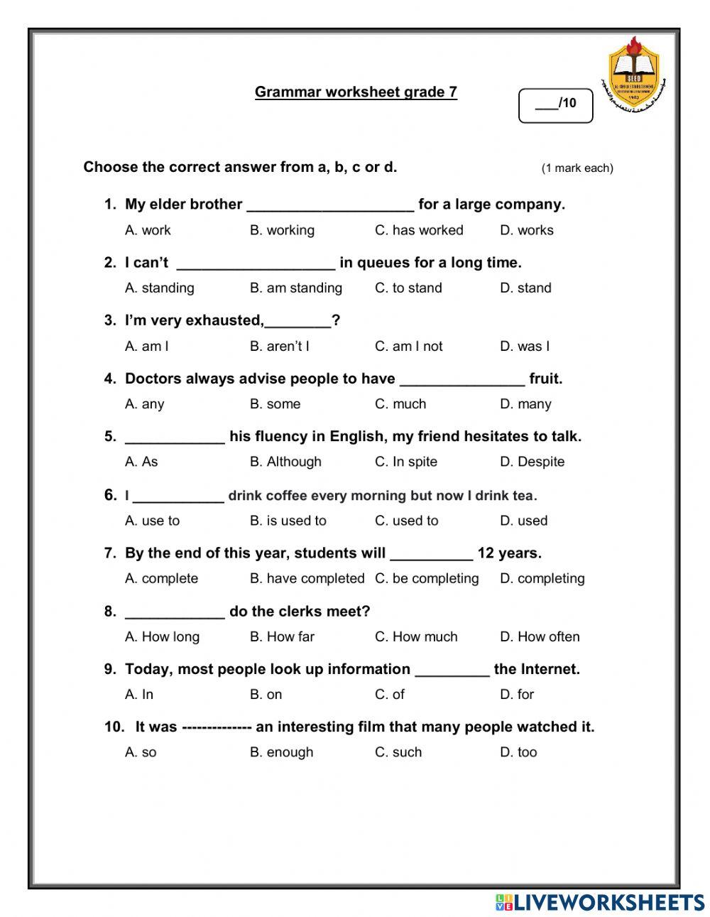 Grammar worksheet grade 7