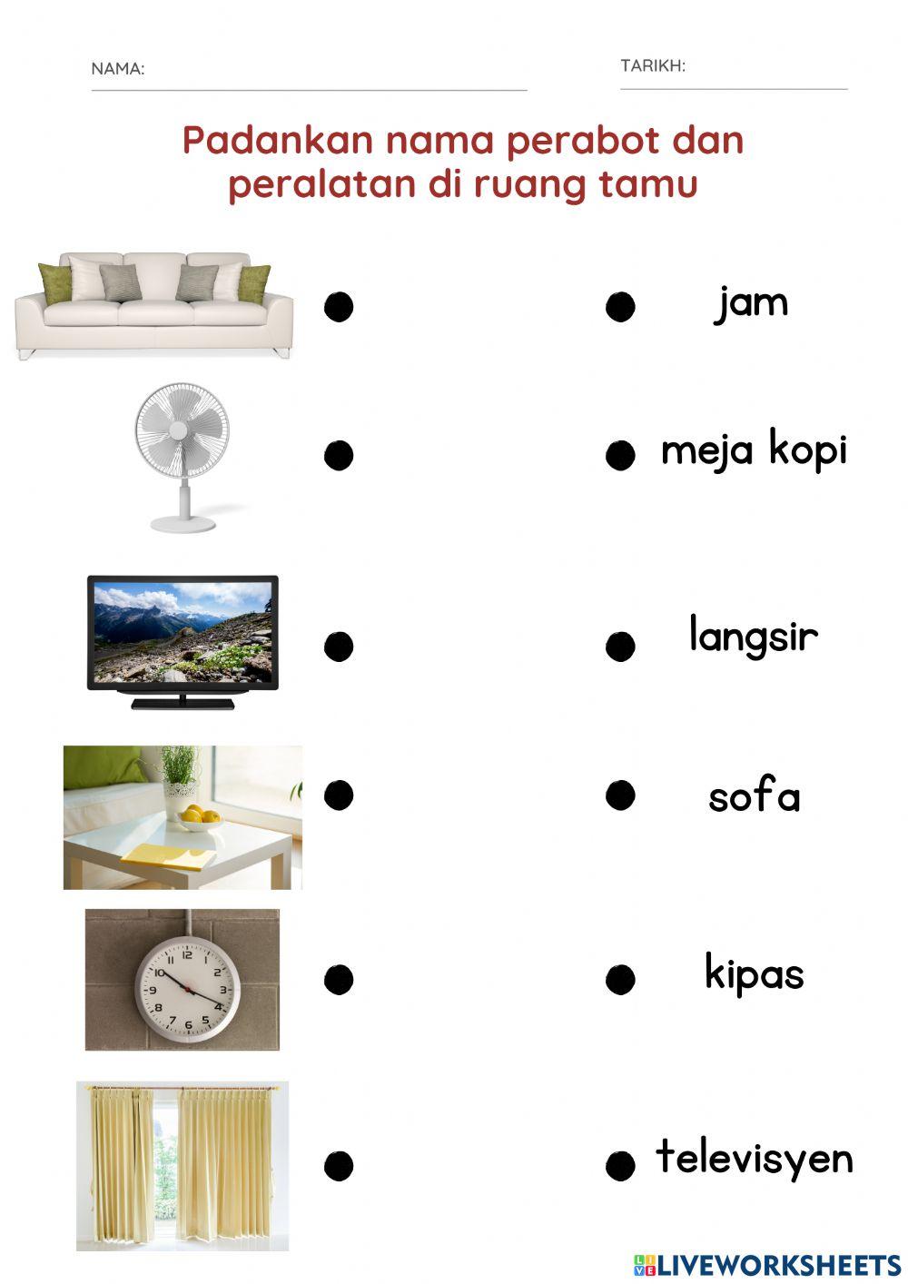 Perabot dan peralatan di ruang tamu worksheet Live Worksheets