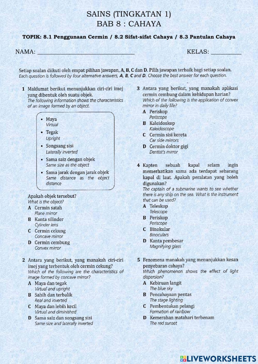 8.1 Penggunaan Cermin - 8.2 Sifat Cahaya - 8.3 Pantulan Cahaya