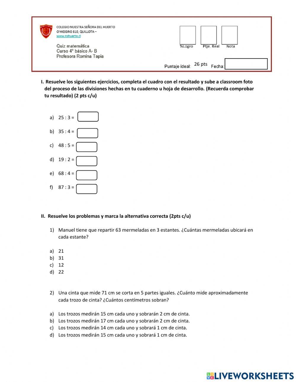 Quiz matemáticas Divisiones