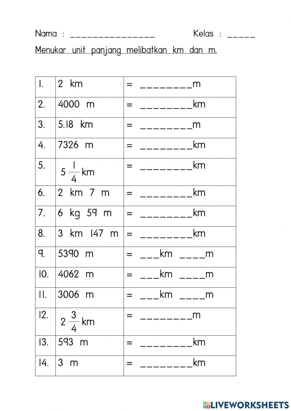Menukar unit melibatkan km dan m