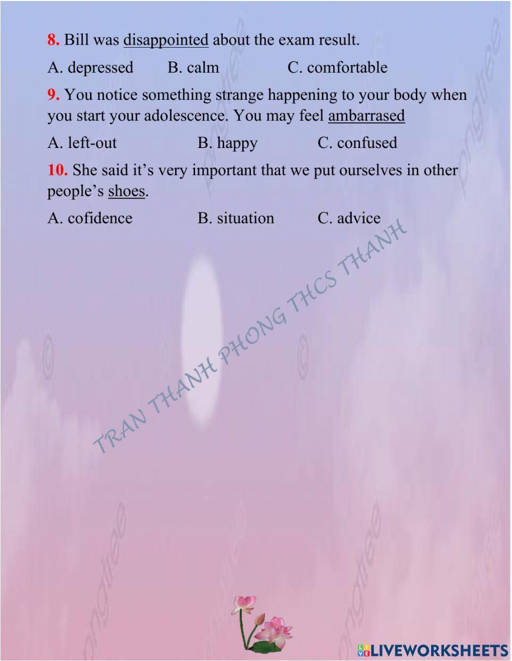 Antonym and synonym (multiple choice) Unit 2 – Grade 9