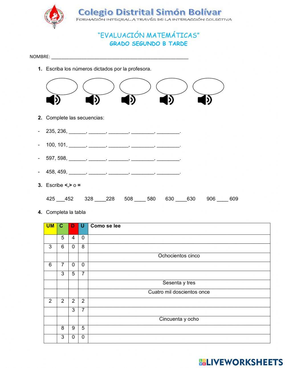 Numeros y operaciones grado segundo
