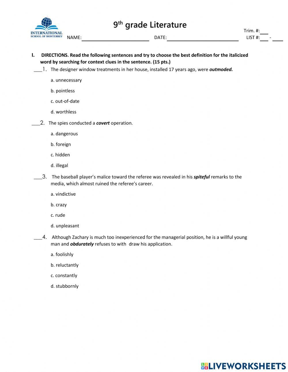 9-Literature Vocabulary (1-15)
