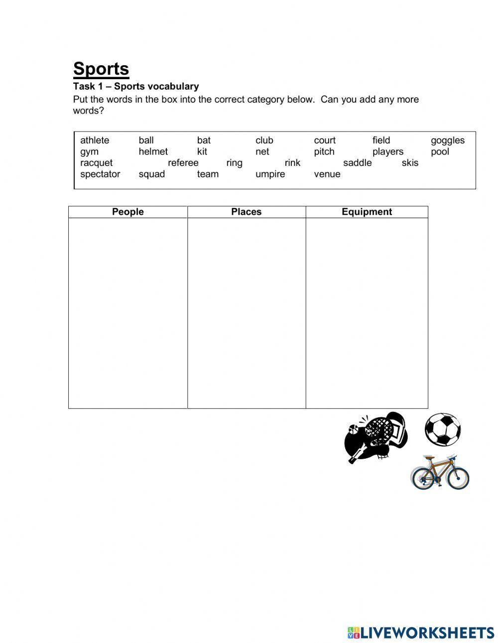 Sports: People, places and equipment