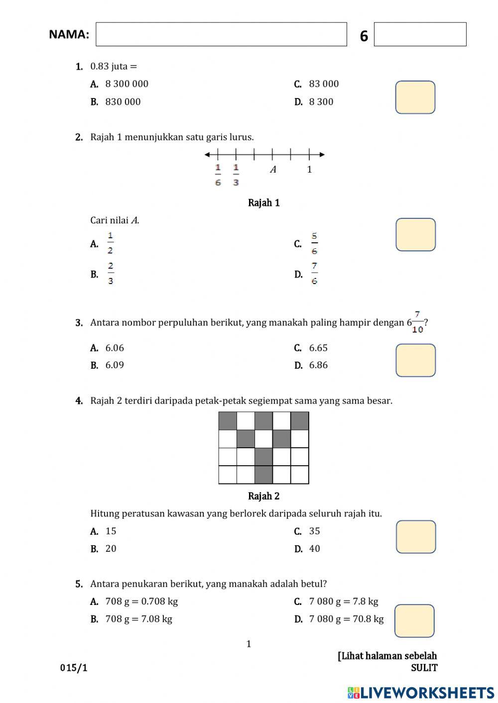Ujian pertengahan tahun matematik kertas 1 (bahagian 1) Ujian pertengahan tahun matematik kertas 1 (bahagian 1)