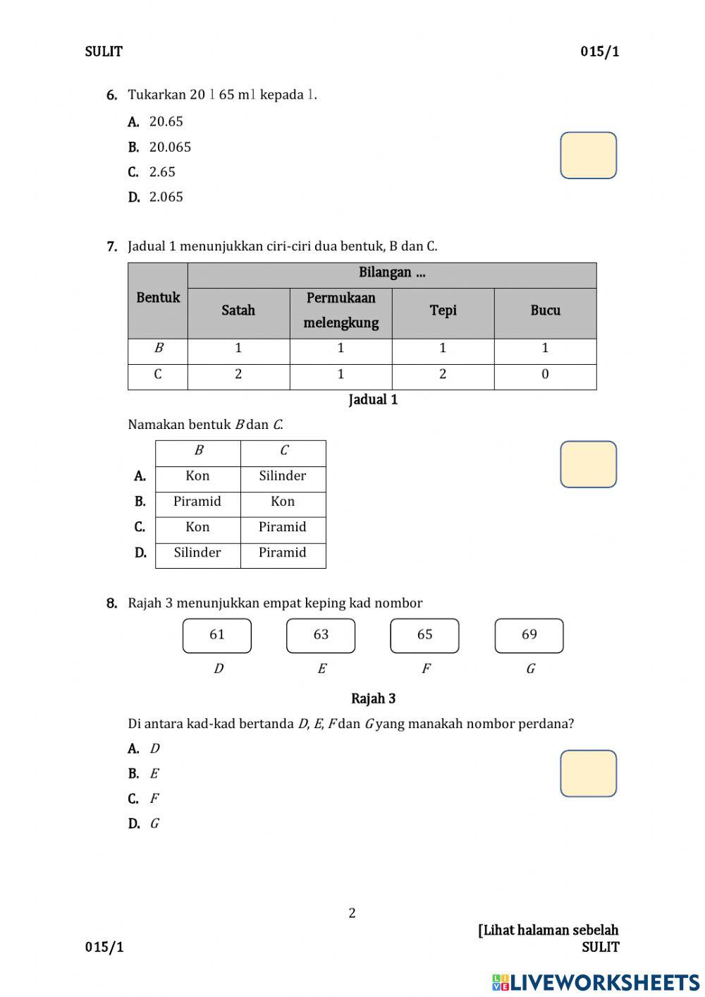 Ujian pertengahan tahun matematik kertas 1 (bahagian 1) Ujian pertengahan tahun matematik kertas 1 (bahagian 1)