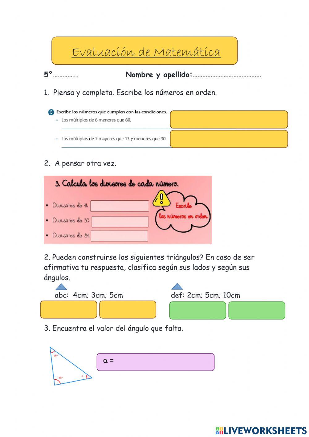Evaluación de Matemática 5° 
