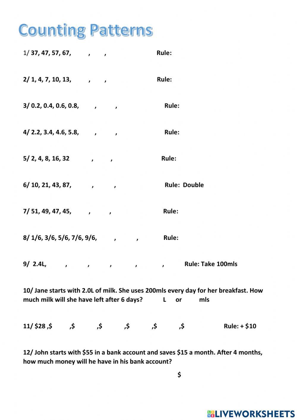 Counting Patterns Set1 worksheet | Live Worksheets