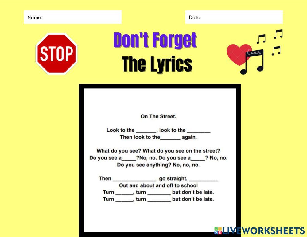Don #39 t Forget The Lyrics interactive worksheet Live Worksheets