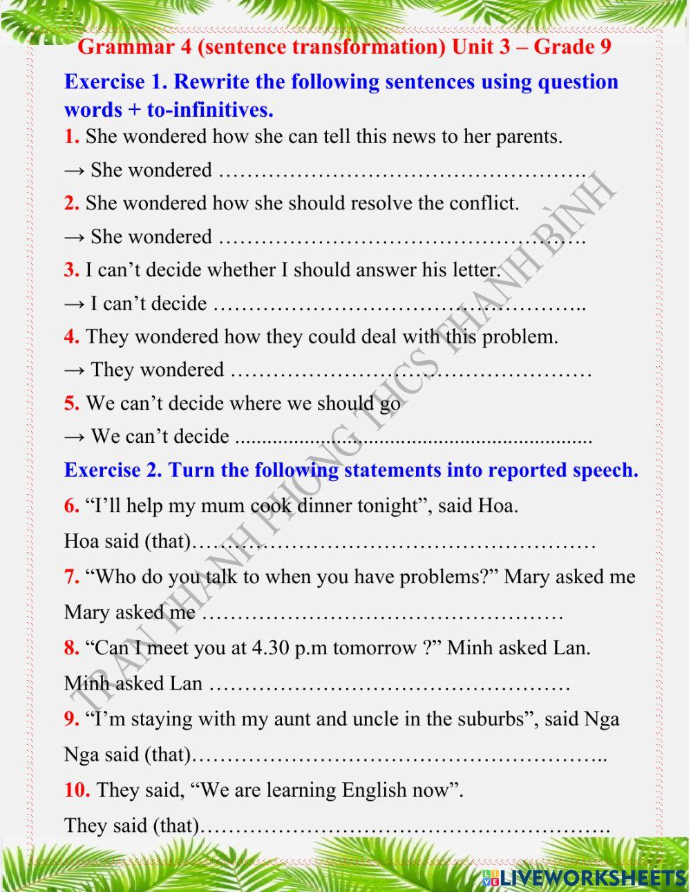 Grammar 4 (sentence transformation) Unit 3 – Grade 9