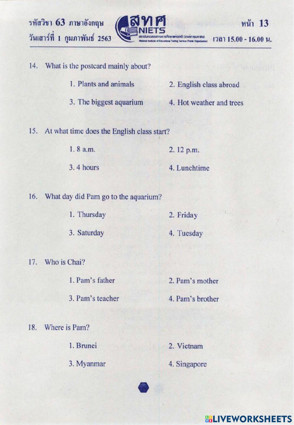 Onet Exam P. 6 Item 11 to 20