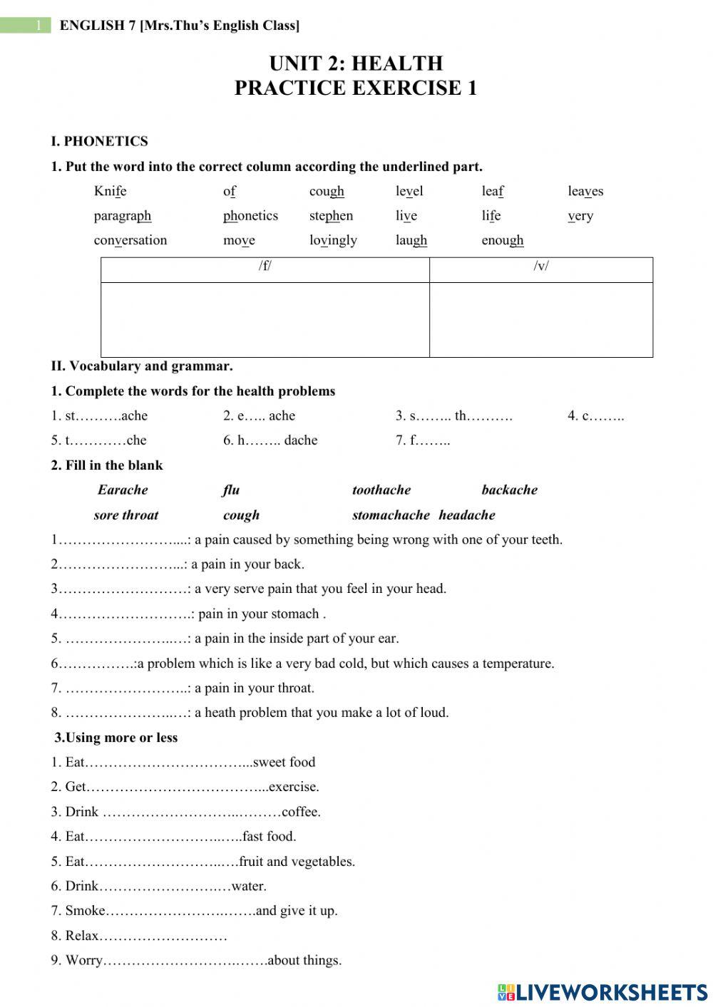 Unit 2: Heath (Grade 7)