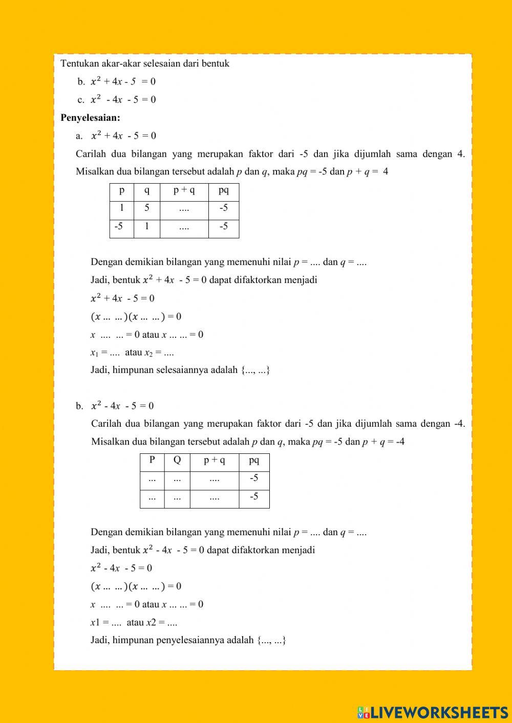 Persamaan Kuadrat Metode Pemfaktoran