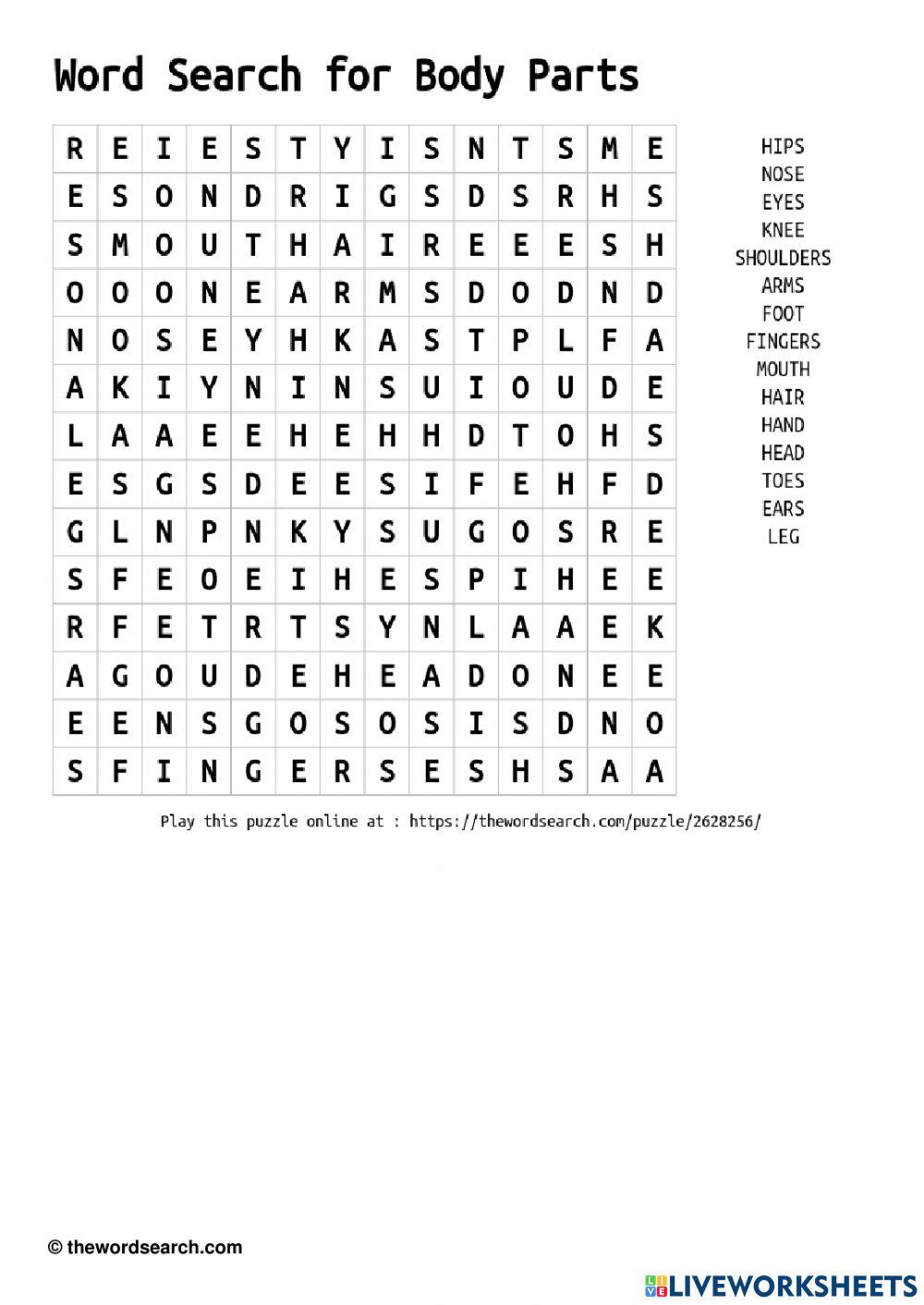 WordSearch of Human Body Parts