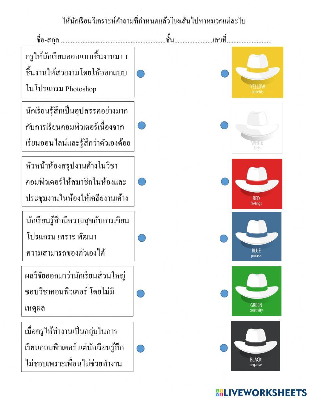 ให้นักเรียนโยงเส้นไปหาหมวก