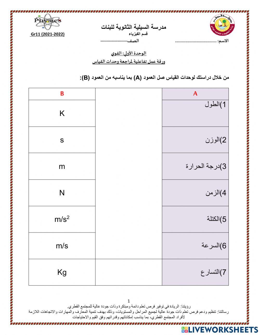 ,ورقة عمل تفاعلية لوحدات القياس