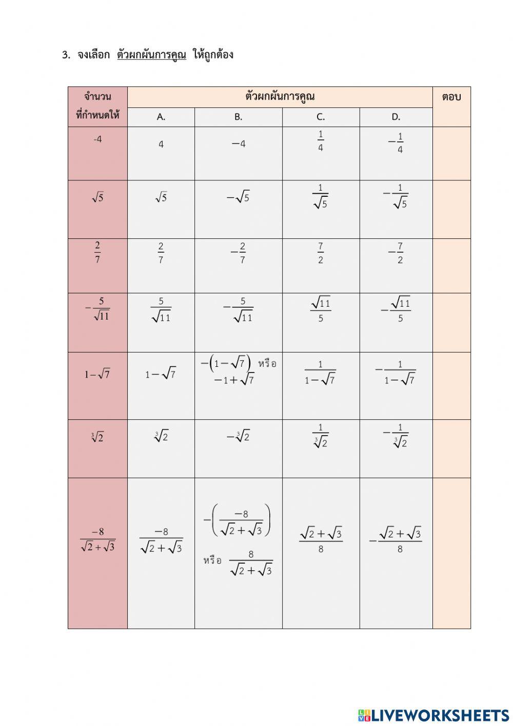 แบบฝึกหัด 3.2 สัจพจน์เชิงพีชคณิตของจำนวนจริง