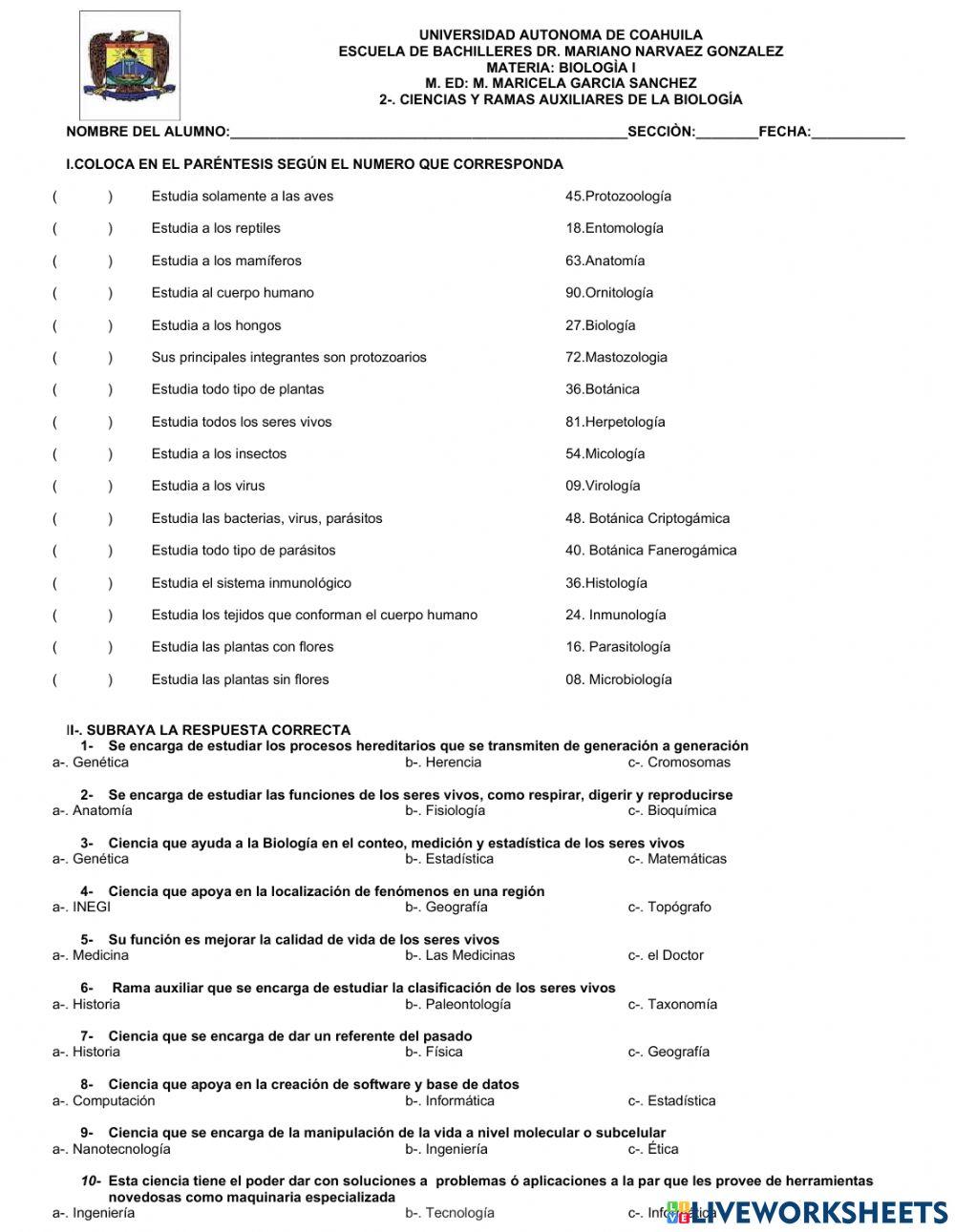 Ciencias y ramas auxiliares de la biología