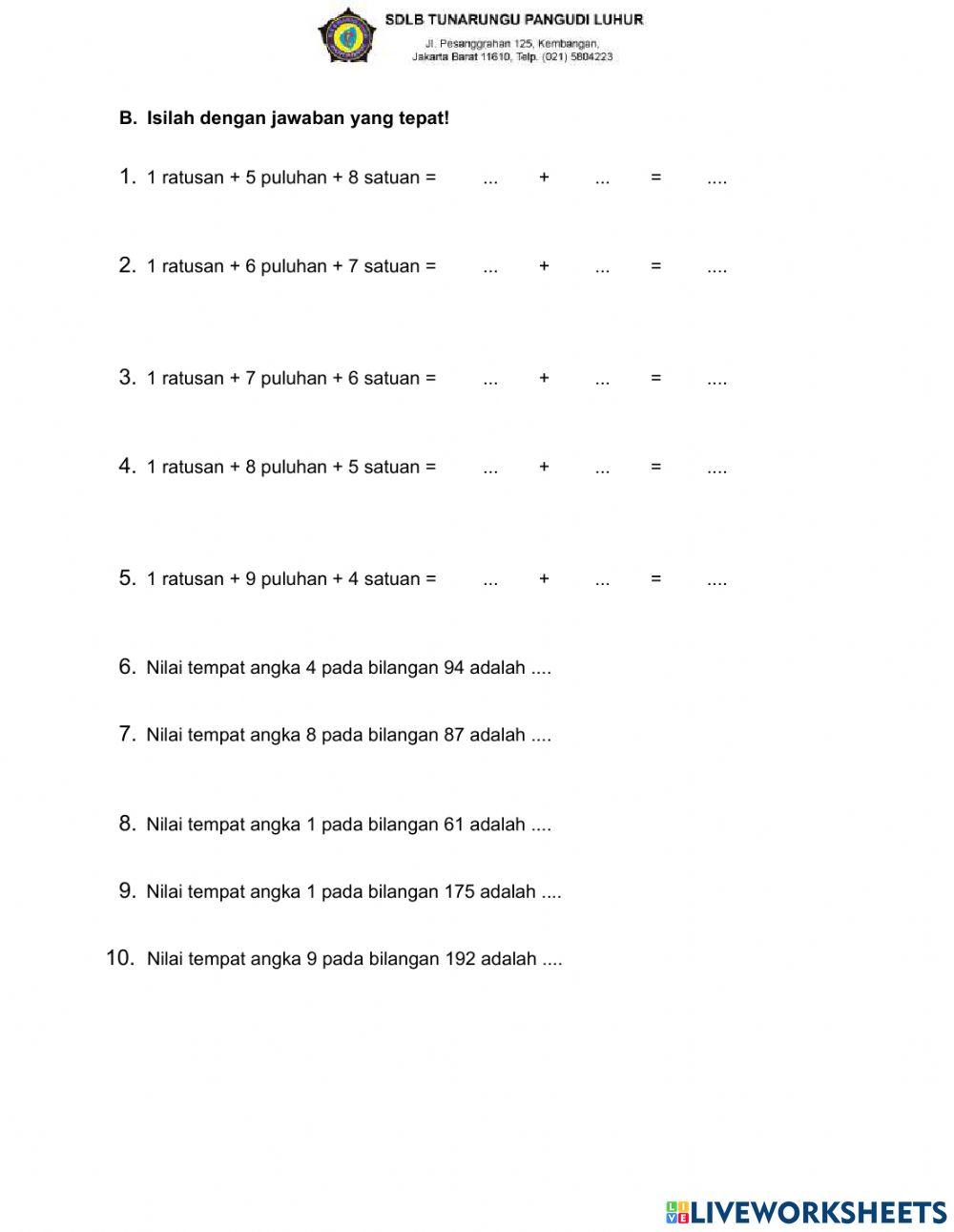 Latihan nilai tempat bilangan