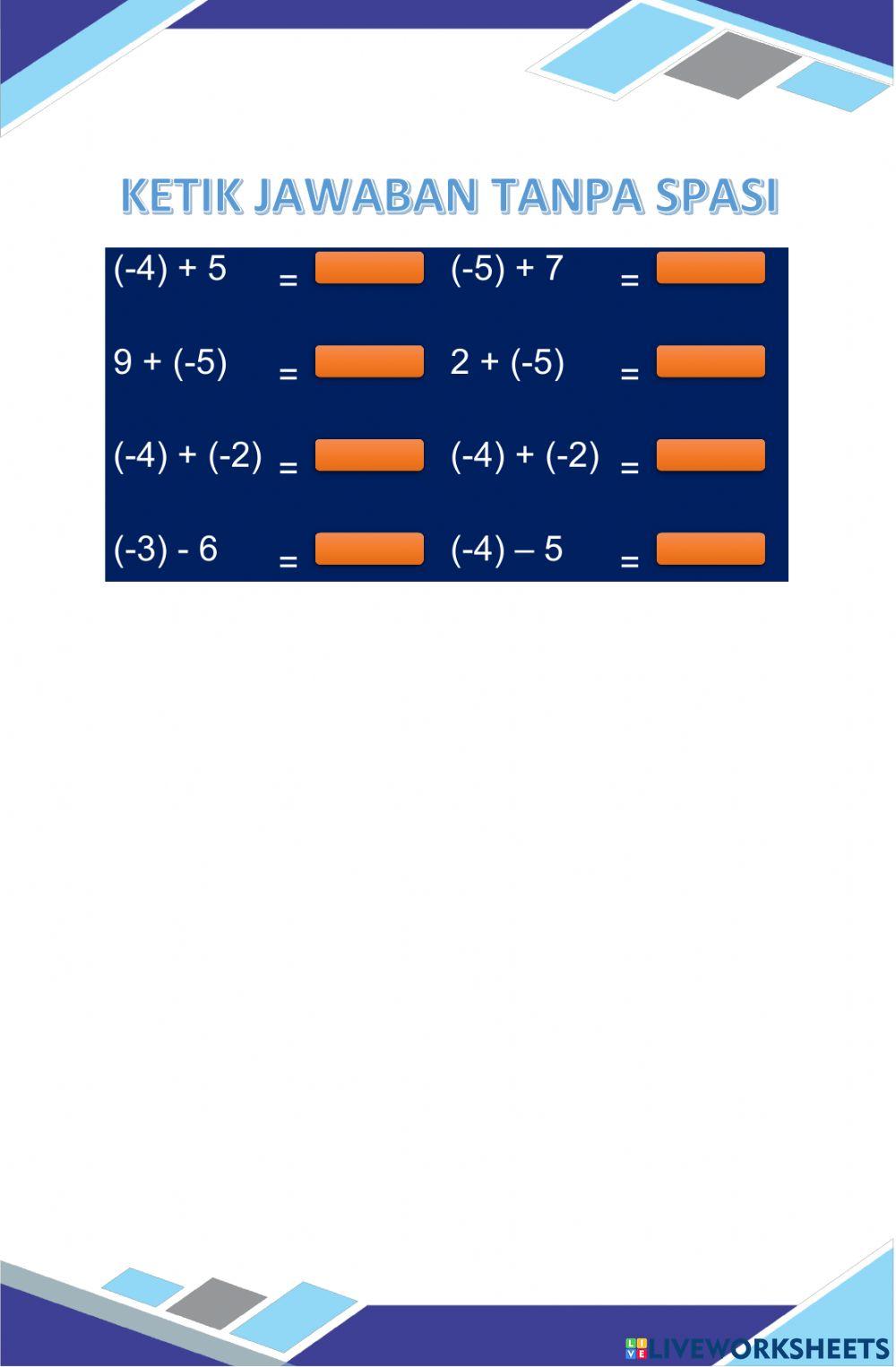 Kalimat Penjumlahan dan pengurangan Matematika dari Garis Bilangan Bulat