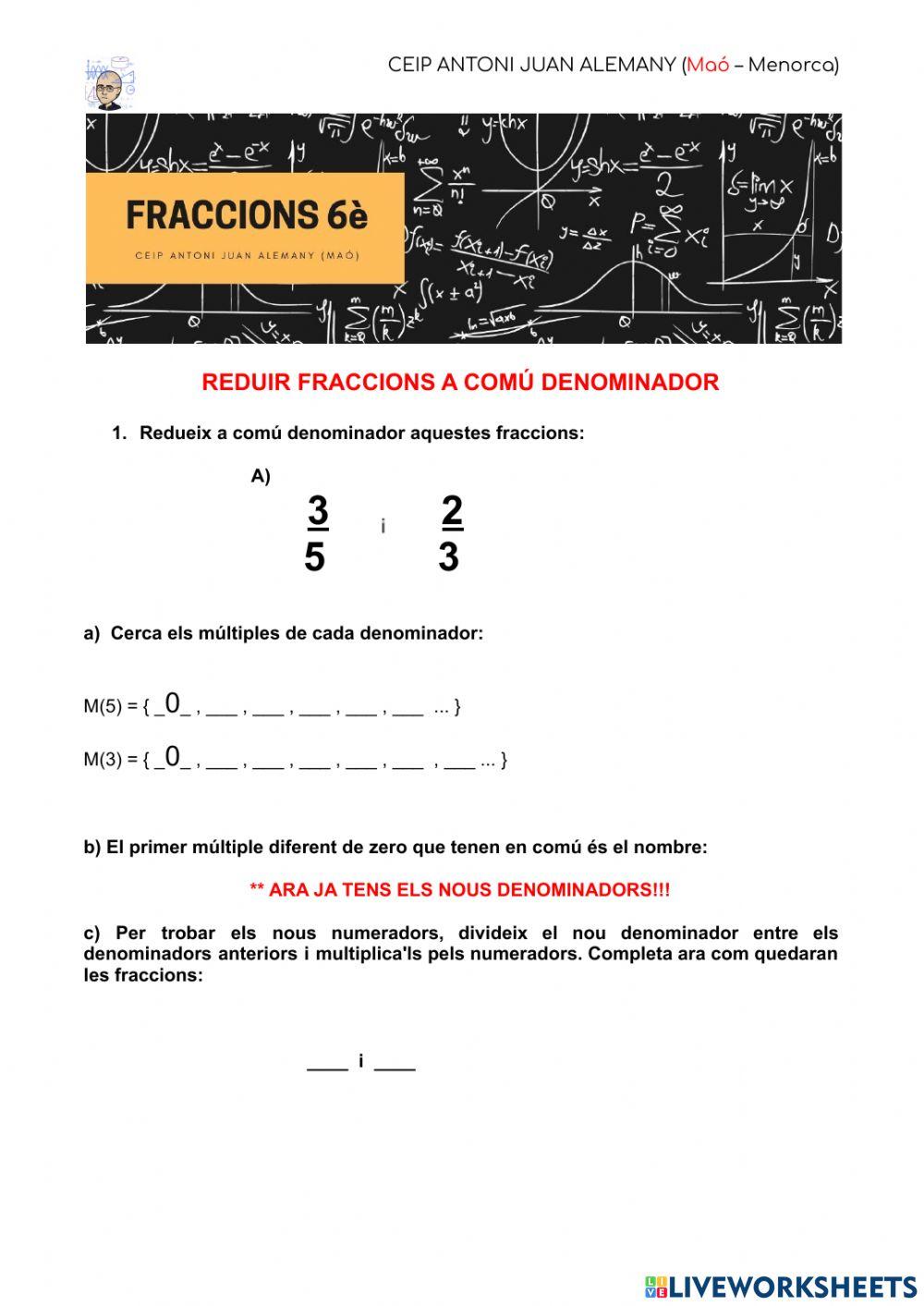 Reducció de fraccions a comú denominador