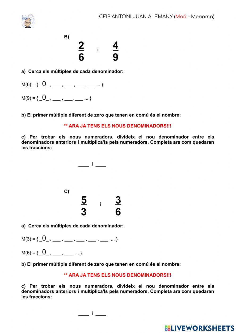 Reducció de fraccions a comú denominador