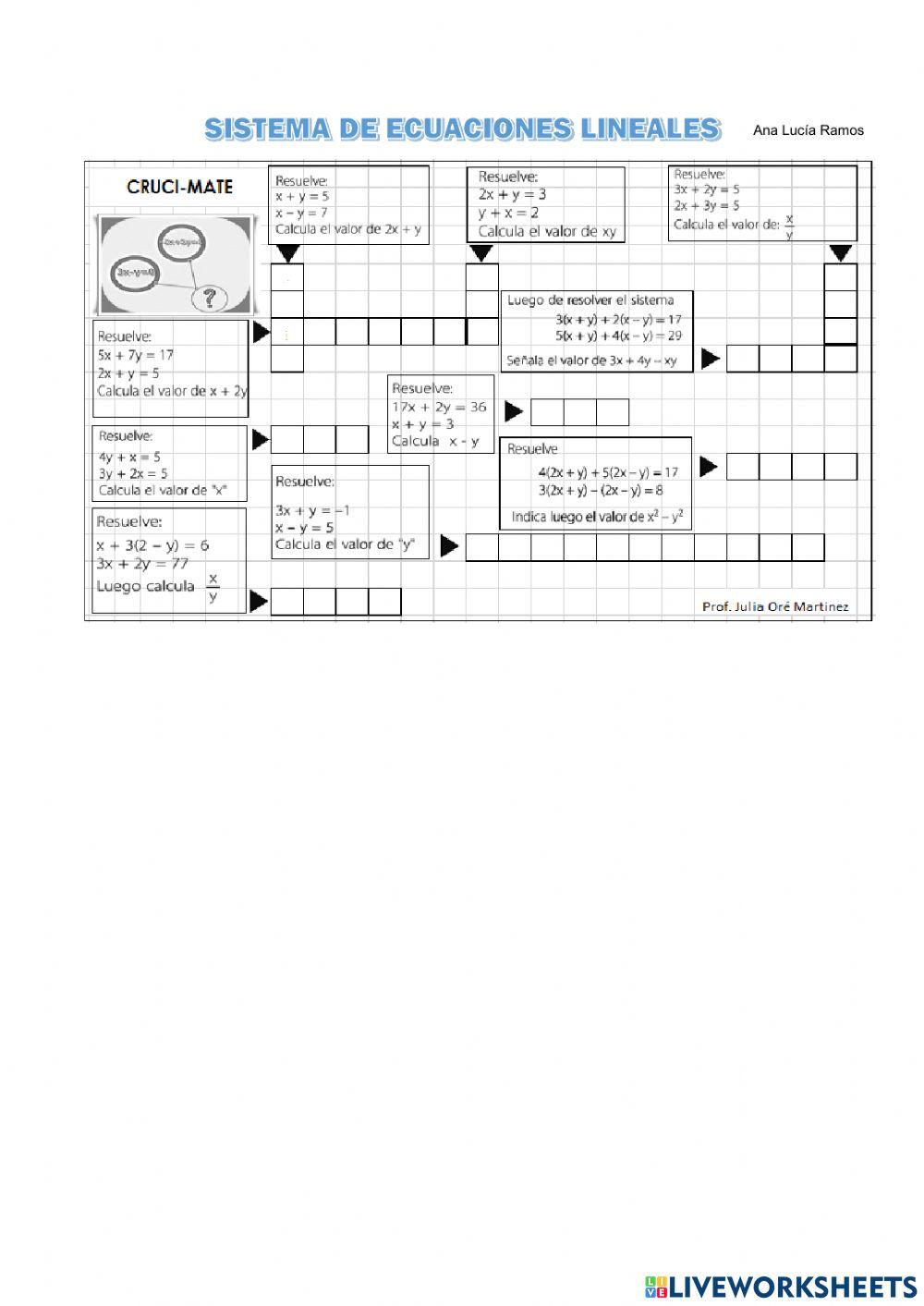 Sistema de ecuaciones - crucigrama