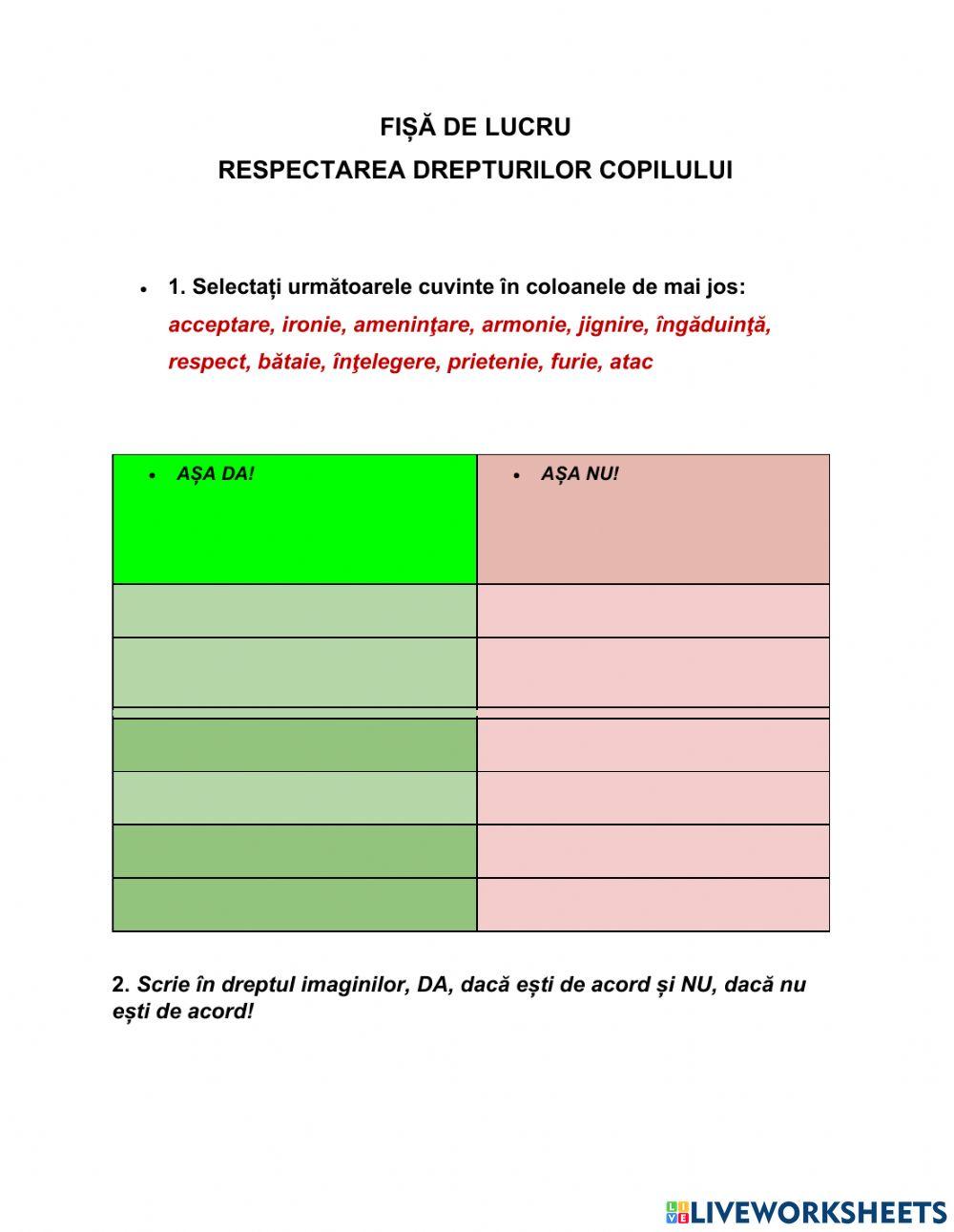 Fișă de lucru respectarea drepturilor copilului